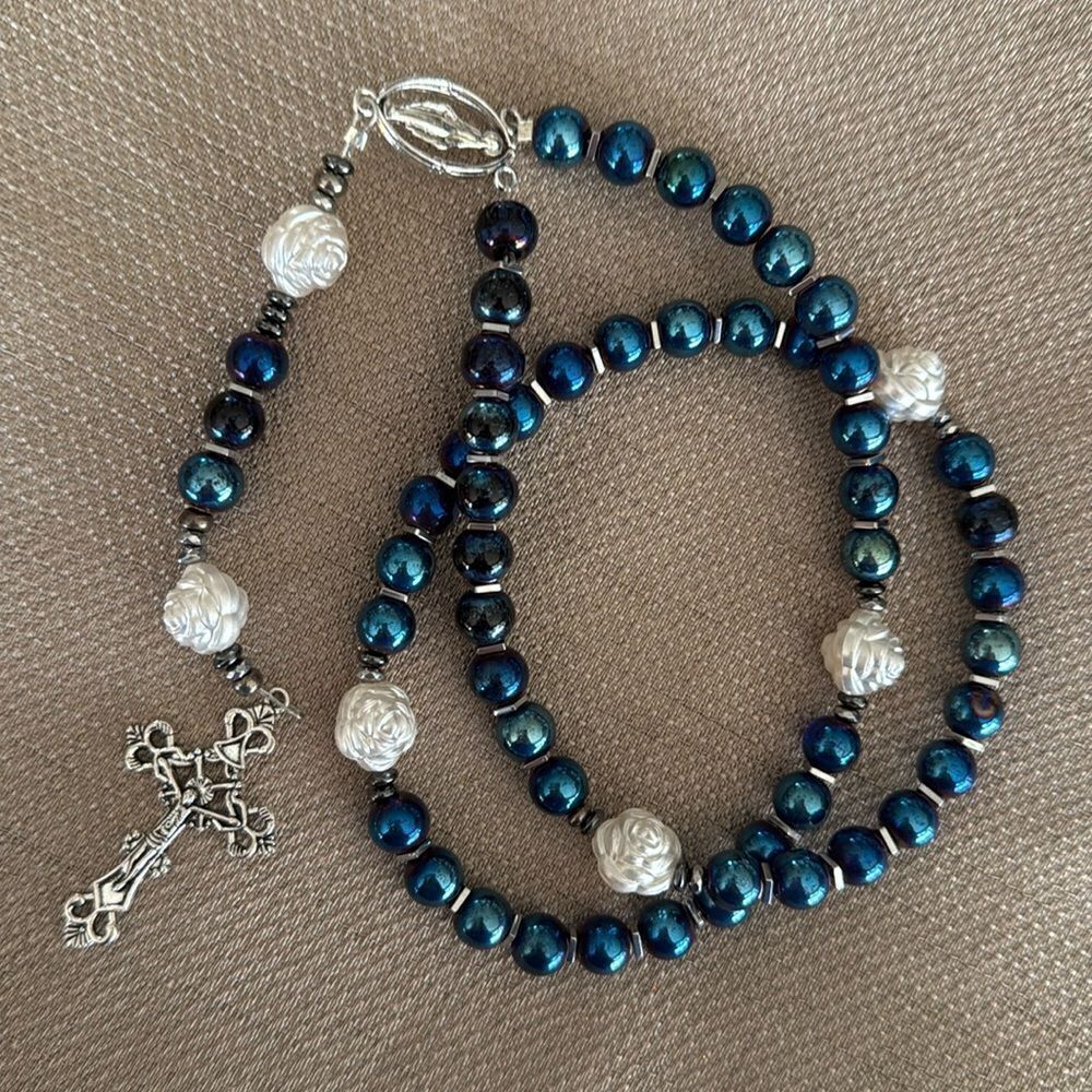 Handmade rosary.  Painted glass and metal allloy beads and pieces.